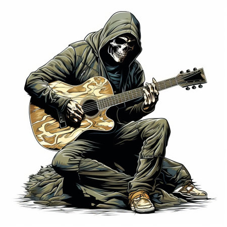 deathcore enthusiast showcases a striking acoustic full-body vector graphic t-shirt design isolated on a crisp white background, boasting strong linear elements reminiscent of john buscema's iconic illustrations, perfect for high-resolution prints and merchandise, ideal for metal music fans and graphic design enthusiasts alike. ai generatedの素材