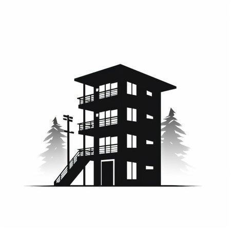 dormitory stands out in this striking image, featuring a solid black silhouette isolated on a crisp white background, showcasing a simplistic and minimalistic design with a clear outline, perfect for educational or architectural visual representations. ai generatedの素材