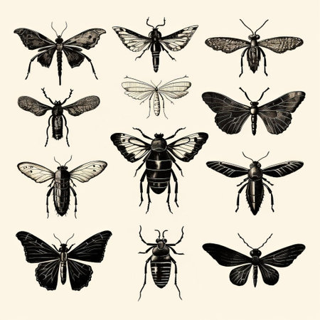array stands majestically in this antique woodcut engraving, exuding a dark academia vibe with its vintage halloween-inspired outline clipart, presented in a stunning black and white silhouette against a clean white background, reminiscent of scientific illustrations from the entomology field, showcasing a beautiful blend of victorian-era style and modern isometric view. ai generatedの素材