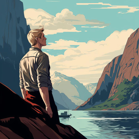 the fjord, a majestic geological formation, is showcased in this stunning close-up photograph, boasting vibrant full colours that capture its natural beauty, with a simple and flat composition that draws the viewer's attention to the intricate details of this breathtaking landscape. ai generatedの素材