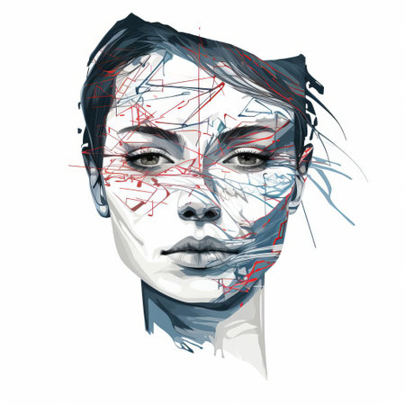 the woman's elegant features are accentuated through parallel vector mannerism, creating a striking modern contrast line illustration of her full body, set against a crisp white isolated background, showcasing a fusion of classic and contemporary art styles. ai generatedの素材