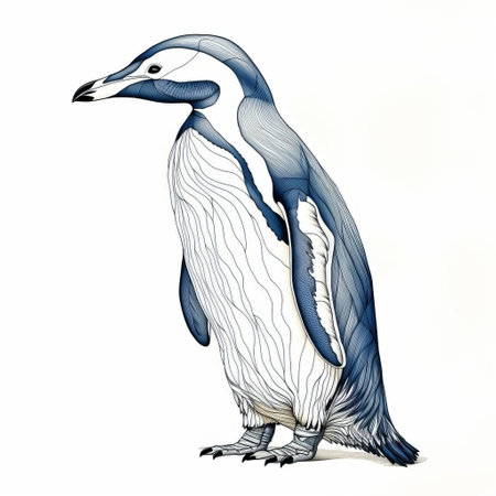 the penguin stands upright on its feet, showcasing its distinctive black and white feathers in a continuous line pattern, against a pristine white isolated background, highlighting its unique features and adorable expression, perfect for wildlife enthusiasts and design projects. ai generatedの素材
