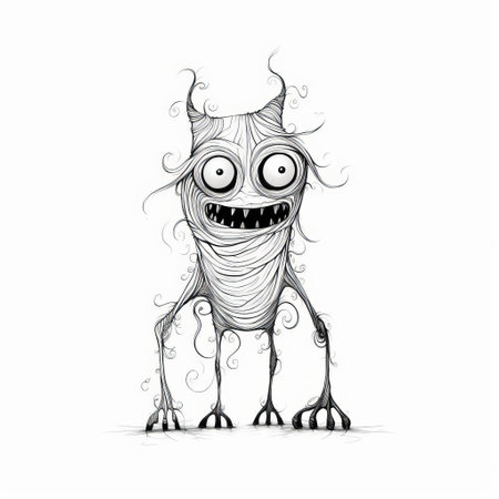 the monster, depicted in a continuous line art style, stands proudly on a white isolated background, showcasing its full body with intricate details, perfect for illustrations, graphics, and designs requiring a whimsical and playful creature character, ideal for fantasy and fiction themed projects. ai generatedの素材