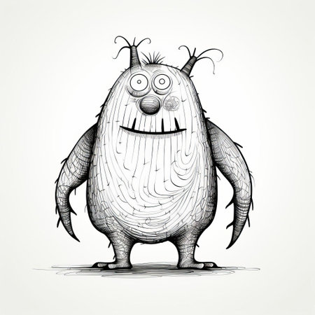 the monster, depicted in a continuous line art style, stands proudly on a white isolated background, showcasing its full body with intricate details, perfect for illustrations, cartoons, and graphic designs requiring a whimsical creature with a bold, single-line aesthetic. ai generatedの素材