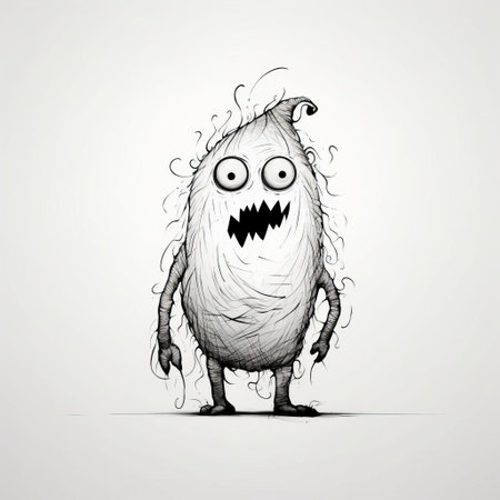 the monster, depicted in a continuous line art style, stands proudly on a pristine white isolated background, showcasing its full body in a striking pose, perfect for illustrations, cartoons, and digital designs requiring a quirky and playful creature. ai generatedの素材