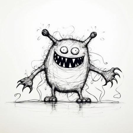the monster, depicted in a continuous line art style, stands proudly on a white isolated background, showcasing its full body in a playful yet eerie pose, perfect for illustrations, graphics, and designs requiring a whimsical creature with a touch of mystery and fantasy. ai generatedの素材