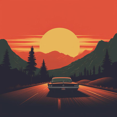 mountain ranges majestically stretch across the horizon in this stunning retro poster, blending modern-retro aesthetics with a minimalist approach to landscape design, evoking a sense of nostalgia and adventure, perfect for travel enthusiasts and design lovers alike, featuring bold colors and sleek typography. ai generatedの素材