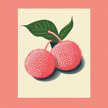 rambutan, a tropical fruit native to southeast asia, takes center stage in this stunning minimal screenprint illustration, expertly rendered in a vibrant risograph print, showcasing the fruit's unique hairy exterior and vibrant colors, perfect for fruit enthusiasts and design lovers alike. ai generatedの素材