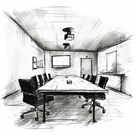 conference room sketch, hastily rendered in rough, broad strokes with thick lines and simplistic shapes, evoking a primitive, minimalist aesthetic, reminiscent of a child's drawing, created with a black marker or sharpie, perfect for a humorous or ironic representation of a corporate setting. ai generatedの素材