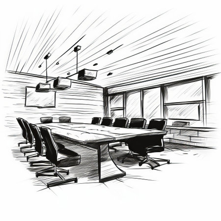 conference room sketch depicts a minimalist space with rough, broad shapes and thick lines, created using a black marker or sharpie, showcasing a primitive and simplistic artistic approach, evoking a sense of naivety and playfulness, perfect for modern office or meeting space decoration. ai generatedの素材