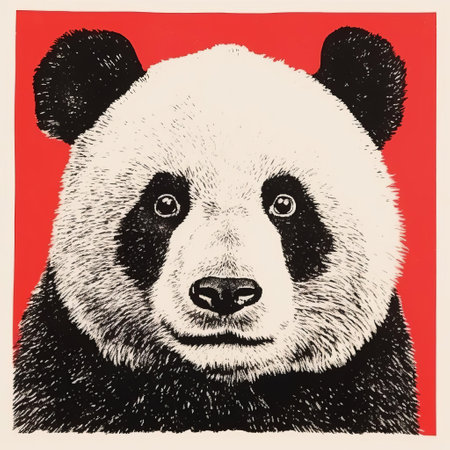 the panda bear, majestically depicted in a stunning woodblock print, exudes serenity in this minimalist illustration, beautifully rendered in a single, soothing color, evoking a sense of calm and tranquility, perfect for nature lovers and art enthusiasts alike. ai generatedの素材