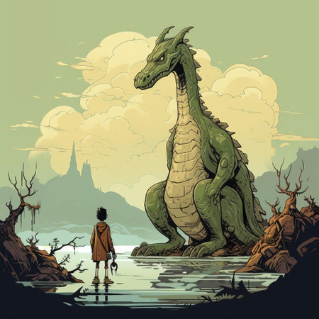 the loch ness monster, reimagined in a captivating character design inspired by mike mignola's distinctive style, stands proudly against a flat color background, its anthropomorphic form brought to life through intricate, exploratory line work and meticulous pen and ink digital illustration, perfect for poster art featuring this medievalist-inspired creature in a full-body pose. ai generatedの素材