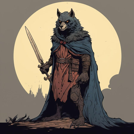 werewolf, a haunting anthropomorphic monster, stands tall in this mike mignola-inspired character design, showcasing exploratory line work and medievalist flair, set against a flat color background, crafted with precision using pen and ink digital illustration techniques, perfect for poster art, featuring a full-body depiction of the fearsome creature. ai generatedの素材