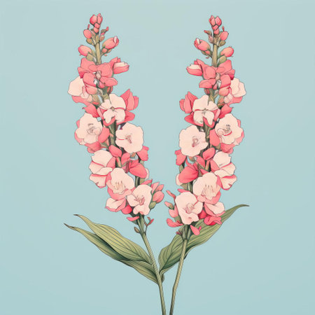 verbascum flowers majestically bloom on a soft pink background, surrounded by delicate light aquamarine hues and subtle gold accents, evoking the classic simplicity of japanese nature-inspired compositions, reminiscent of traditional thai art and historical illustrations, showcasing the beauty of hand-drawn art with contrasting values. ai generatedの素材