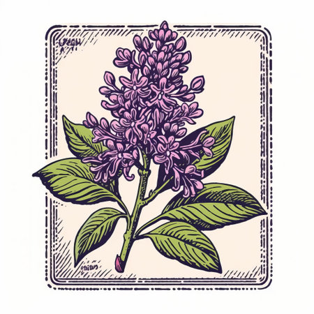 this vintage lilac stamp, featuring a beautiful color line engraving, stands out against a crisp white background, showcasing its intricate details and classic design, evoking a sense of nostalgia and elegance, perfect for collectors and enthusiasts of old prints and philately. ai generatedの素材