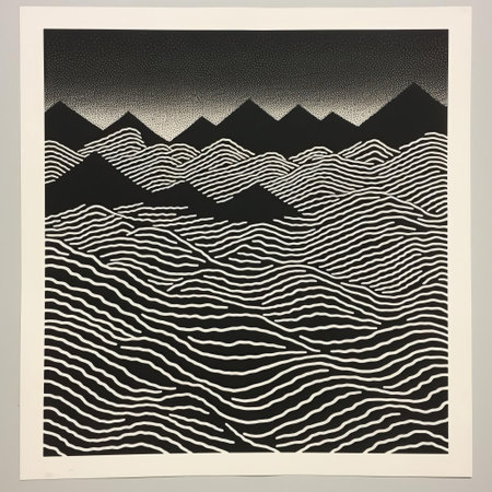 this stunning risograph print features a grainy landscape stencil in the style of shigeo fukuda, masterfully blending minimalist aesthetics with geometric shapes, creating a visually striking artwork that showcases the beauty of simplicity and modern design. ai generatedの素材