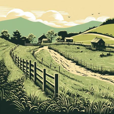 rural landscape, reduced to its essence, emerges from a single, continuous line in this striking linocut artwork, showcasing the beauty of minimalist art, where simplicity and boldness converge, highlighting the rustic charm of the countryside against a backdrop of negative space, evoking a sense of serenity and elegance. ai generatedの素材