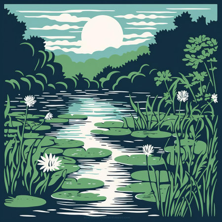 pond serene and majestic, this minimalist linocut artwork masterfully employs negative space and a single continuous line to distill the essence of a tranquil waterbody, showcasing the beauty of simplicity and boldness, perfect for nature lovers and art enthusiasts alike, highlighting the elegance of minimalist art. ai generatedの素材