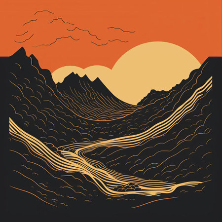 landslide, depicted in a striking single-color linocut artwork, showcases the beauty of minimalism, where a continuous line defines the natural disaster's essence, emphasizing negative space to create a bold, elegant, and powerful visual representation of the landslide's form and character. ai generatedの素材