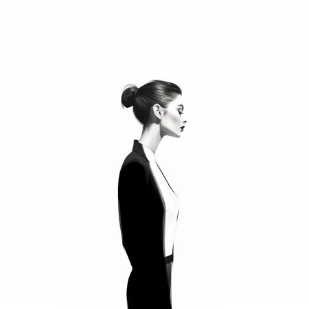 woman stands confidently in profile, her sleek silhouette defined by clean black lines, her gaze fixed directly into the camera, exuding a sense of modern simplicity against a pure white background, evoking feelings of elegance, sophistication, and contemporary femininity in this minimalist hand-drawn portrait. ai generatedの素材
