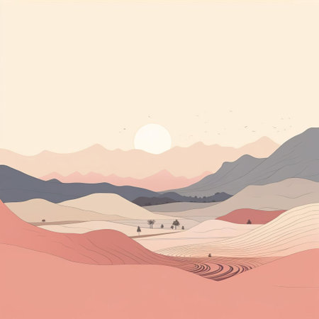 mountain ranges stretch across the serene horizon in this stunning minimalist line drawing of a landscape, beautifully rendered with clean lines and soft pastel shades, evoking a sense of calmness and tranquility, perfect for nature lovers and fans of simple yet elegant art. ai generatedの素材