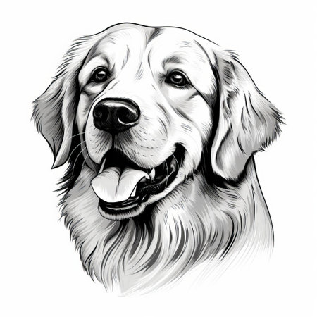 the golden retriever, depicted in a stunning svg style illustration, stands out against a crisp white background, showcasing its gentle features through clean lines and soft curves, beautifully rendered in a striking black and white color scheme, perfect for dog lovers and design enthusiasts alike. ai generatedの素材