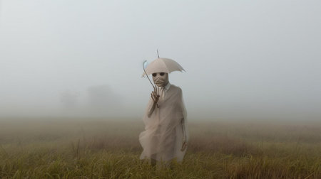 a cricket, clad in a taupe costume, stands poised across a fog-shrouded field, evoking the surreal essence of avant-garde portraiture and conceptual installation art, where chaotic environments and otherworldly paintings converge, surrounded by soft, dreamy scenes and an eerie, misty atmosphere that transports viewers to an alternate realm. ai generatedの素材