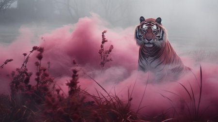 the tiger, resplendent in its vibrant magenta costume, stands majestically across a fog-shrouded field, evoking the surreal essence of avant-garde portraiture and conceptual installation art, transporting viewers to an otherworldly realm of chaotic environments and soft, dreamy scenes, enveloped in a mystical, misty atmosphere. ai generatedの素材