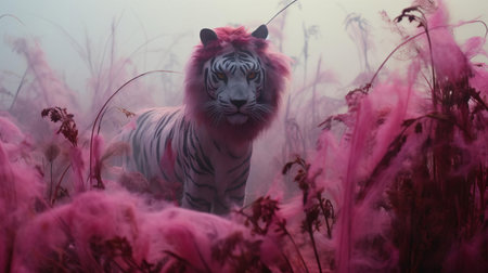 the tiger, majestically dressed in magenta, stands alone in a mystical fog-shrouded field, evoking the essence of avant-garde portraiture and conceptual installation art, transporting viewers to an otherworldly realm of soft, dreamy scenes and chaotic environments, where the misty atmosphere whispers secrets of the unknown. ai generatedの素材