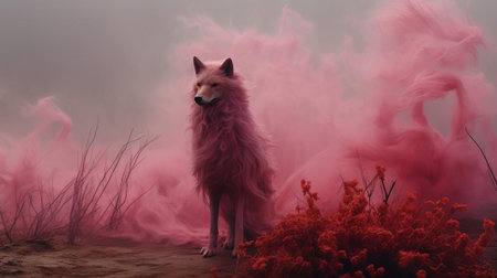 a wolf, dressed in a vibrant fuchsia costume, stands majestically across a misty field, shrouded in an eerie fog, evoking the surrealism of avant-garde portraiture and conceptual installation art, transporting viewers to an otherworldly realm of soft, dreamy scenes and chaotic environments. ai generatedの素材