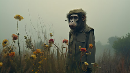 a chimpanzee, dressed in an olive costume, stands eerily still across a foggy field, evoking the surreal quality of avant-garde portraiture and conceptual installation art, where chaotic environments and otherworldly paintings converge, surrounded by a soft, dreamy mist that envelops the scene in an ethereal atmosphere. ai generatedの素材