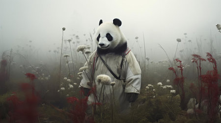 the panda, cloaked in a pristine white costume, stands majestically across a misty field, evoking an otherworldly atmosphere reminiscent of avant-garde portraiture and conceptual installation art, where chaotic environments blend with soft, dreamy scenes, transporting viewers to an ethereal realm. ai generatedの素材
