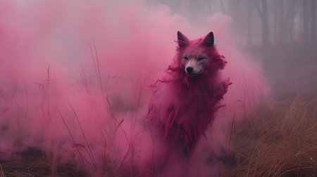 a wolf, dressed in a vibrant fuchsia costume, stands majestically across a foggy field, evoking an otherworldly atmosphere reminiscent of avant-garde portraiture and conceptual installation art, where chaotic environments meet soft, dreamy scenes, shrouded in a misty veil of mystery and intrigue. ai generatedの素材