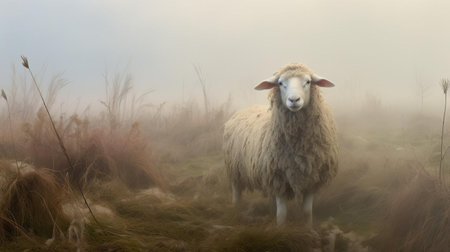 a sheep, cloaked in a taupe costume, stands majestically across a foggy field, evoking the surrealism of avant-garde portraiture and conceptual installation art, where chaotic environments and otherworldly paintings converge, shrouded in a soft, dreamy mist that transports viewers to an ethereal realm. ai generatedの素材