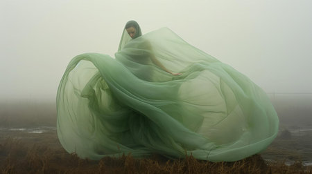 the clam, dressed in a vibrant green costume, stands majestically across a foggy field, evoking an otherworldly atmosphere reminiscent of avant-garde portraiture and conceptual installation art, where soft, dreamy scenes and misty environments converge in a surreal, chaotic landscape. ai generatedの素材