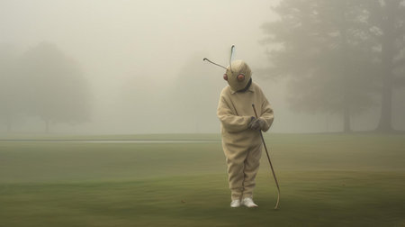 a cricket, dressed in a taupe costume, stands alone in a foggy field, evoking an otherworldly atmosphere reminiscent of conceptual installation art and avant-garde portraiture, with soft, dreamy scenes and misty ambiance that transport viewers to a surreal realm. ai generatedの素材