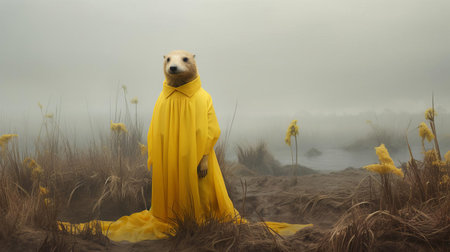 the otter, dressed in a vibrant yellow costume, stands majestically across a foggy field, evoking the essence of avant-garde portraiture and conceptual installation art, transporting viewers to an otherworldly realm of chaotic environments and soft, dreamy scenes, enveloped in a mystical misty atmosphere. ai generatedの素材