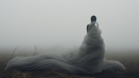 the serpent, shrouded in a gray costume, stands majestically across a foggy field, evoking an otherworldly atmosphere reminiscent of avant-garde portraiture and conceptual installation art, where chaotic environments and soft, dreamy scenes converge, transporting viewers to a mystical realm. ai generatedの素材