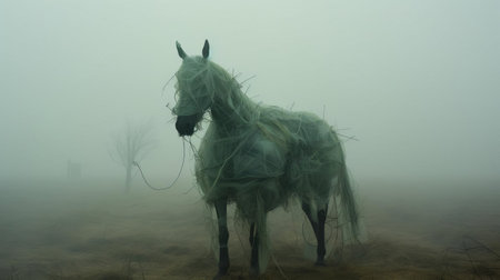 the horse, clad in a vibrant green costume, stands majestically across a fog-shrouded field, evoking the surreal quality of avant-garde portraiture and conceptual installation art, where chaotic environments and otherworldly paintings blend with soft, dreamy scenes, immersed in a mystical, misty atmosphere. ai generatedの素材