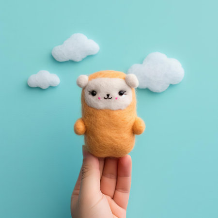 this adorable adlet, meticulously crafted from soft felt, sits proudly against a solid color background, showcasing its realistic features and vibrant colors, making it a perfect addition to any fantasy or mythical creature enthusiast's collection or art project. ai generatedの素材