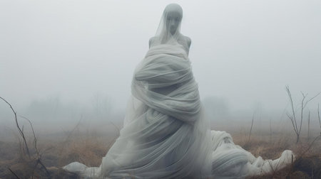 the serpent, shrouded in a gray costume, stands eerily still across a foggy field, evoking the surreal quality of avant-garde portraiture and conceptual installation art, transporting viewers to an otherworldly realm of chaotic environments and soft, dreamy scenes, enveloped in a misty atmosphere. ai generatedの素材