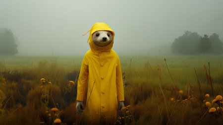 the otter, donning a vibrant yellow costume, stands majestically across a foggy field, evoking the essence of avant-garde portraiture and conceptual installation art, transporting viewers to an otherworldly realm of chaotic environments and soft, dreamy scenes, enveloped in a mystical, misty atmosphere. ai generatedの素材
