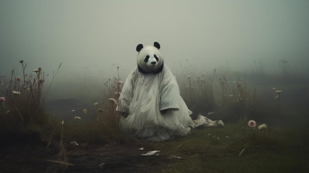 the panda, dressed in a striking white costume, stands alone in a mystical fog-shrouded field, evoking the surrealism of avant-garde portraiture and conceptual installation art, transporting viewers to an otherworldly realm of soft, dreamy scenes and misty atmosphere. ai generatedの素材