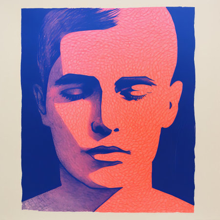 the man, a stunning minimal screenprint illustration, showcases a male figure's head in a bold, modern risograph print style, featuring a striking color palette and clean lines, perfect for art enthusiasts and design lovers of contemporary graphic art. ai generatedの素材