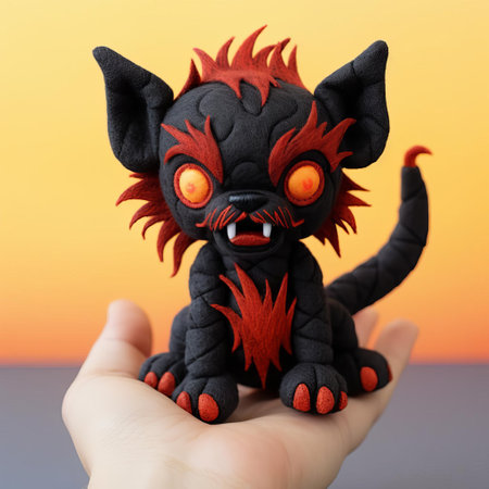 this adorable hellhound, meticulously crafted from soft felt, poses against a solid color background, showcasing its realistic features and vibrant colors, perfect for fantasy and mythology enthusiasts, and those who appreciate handmade, unique, and imaginative plush toys and decorative items. ai generatedの素材