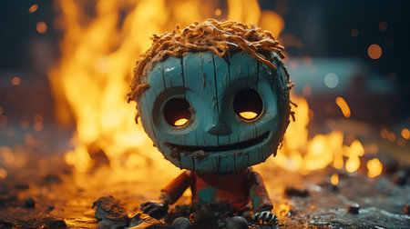 the burnt face, crafted from smooth rubber material, takes center stage in this captivating image, reminiscent of studio ghibli's whimsical style, with a tilt-shift photography effect that adds depth and dimensionality, ambient occlusion that enhances texture, all set against a bright, calming baby cyan background that contrasts beautifully with the subject's rugged features. ai generatedの素材