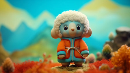 the karakachan, a majestic bulgarian sheepdog, is beautifully rendered in a smooth rubber material, reminiscent of studio ghibli's whimsical style, against a bright baby cyan background that pops with a tilt-shift photography effect, accentuating the dog's features with subtle ambient occlusion. ai generatedの素材