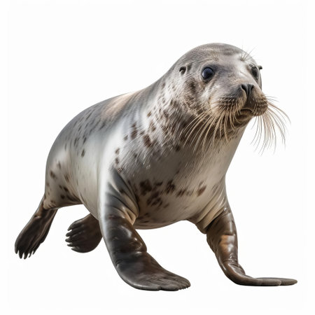 this majestic seal, captured in stunning 8k uhd resolution, is showcased in a full-body pose, mid-movement, against a pristine white background, highlighting its sleek fur and agile physique, making it a realistic and striking photograph perfect for marine life enthusiasts and graphic designers alike. ai generatedの素材