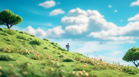 brecknock hill rises majestically from a vibrant baby cyan background, its smooth rubber-like terrain evoking a sense of whimsy reminiscent of studio ghibli's fantastical worlds, captured with a tilt-shift photography effect that emphasizes its dreamy quality, while ambient occlusion adds depth to this surreal landscape. ai generatedの素材