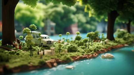 lincoln park, depicted in a whimsical studio ghibli-inspired style, features a smooth rubber material texture, showcasing a serene atmosphere with a tilt-shift photography effect and ambient occlusion, set against a bright and calming baby cyan background, evoking a sense of tranquility and wonder. ai generatedの素材